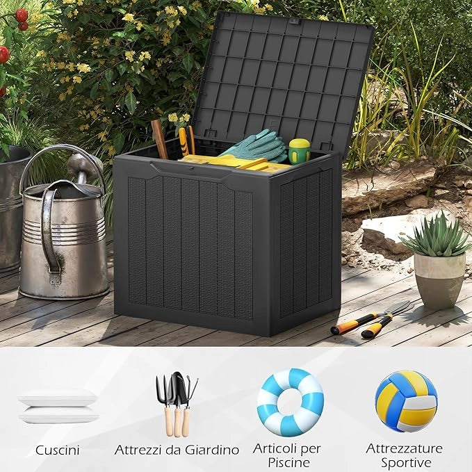 Baule da Esterno 96 L, Cassapanca Contenitore con Coperchio Bloccabile e Tessitura in Vimini, per Giardino e Cortile, 56 x 41 x 50,5 cm (Nero)