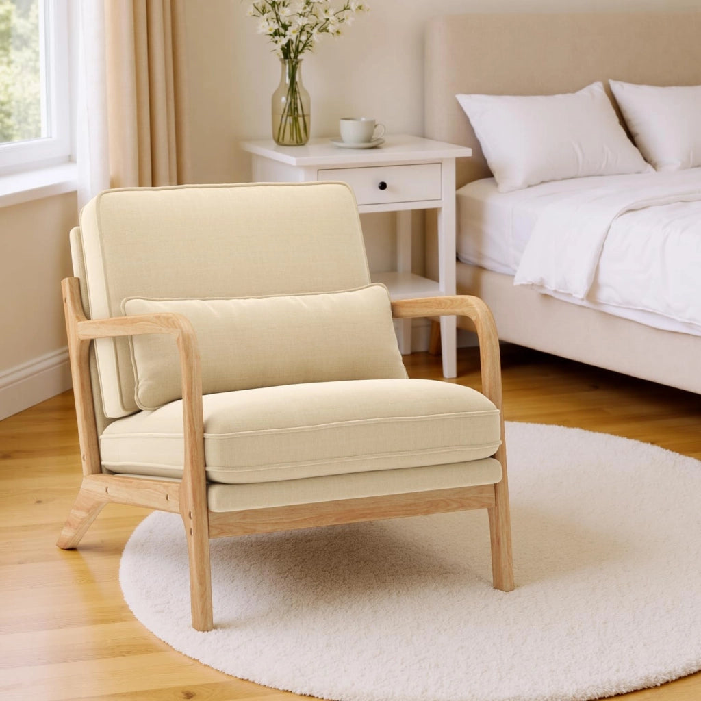 Poltrona da Salotto in Legno di Caucciù,Poltroncina Camera da Letto,con Cuscino Sfoderabile e Schienale con Braccioli con cuscino lombare,82 x 65 x 75CM, Beige