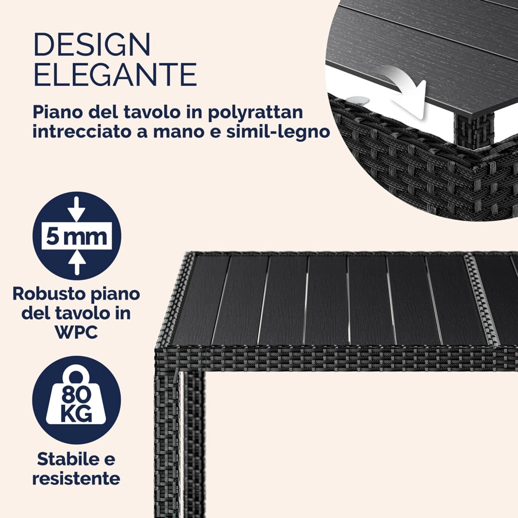 ® Set Mobili da Pranzo da Giardino in Polyrattan 6 Sedie Impilabili Tavolo 150x90cm in WPC Legno Resistente da Terrazza Esterno Nero