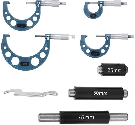 Set di misure esterne 4 pezzi - Micrometro metrico 0-100 mm - Alta precisione 0,01 mm - Cassetta di conservazione - Ideale per misurazioni di lunghezza/diametro/diametro esterno
