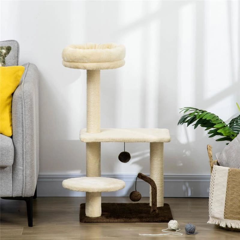 ALBERO TIRAGRAFFI PER GATTI CON PALO IN SISAL, POSATOIO E PALLINE DA GIOCO, IN TRUCIOLATO E PELUCHE, 44X38X74 CM