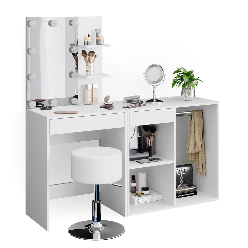 Vicco Tavolo da toeletta Bianco 140 cm con LED, sgabello e armadio