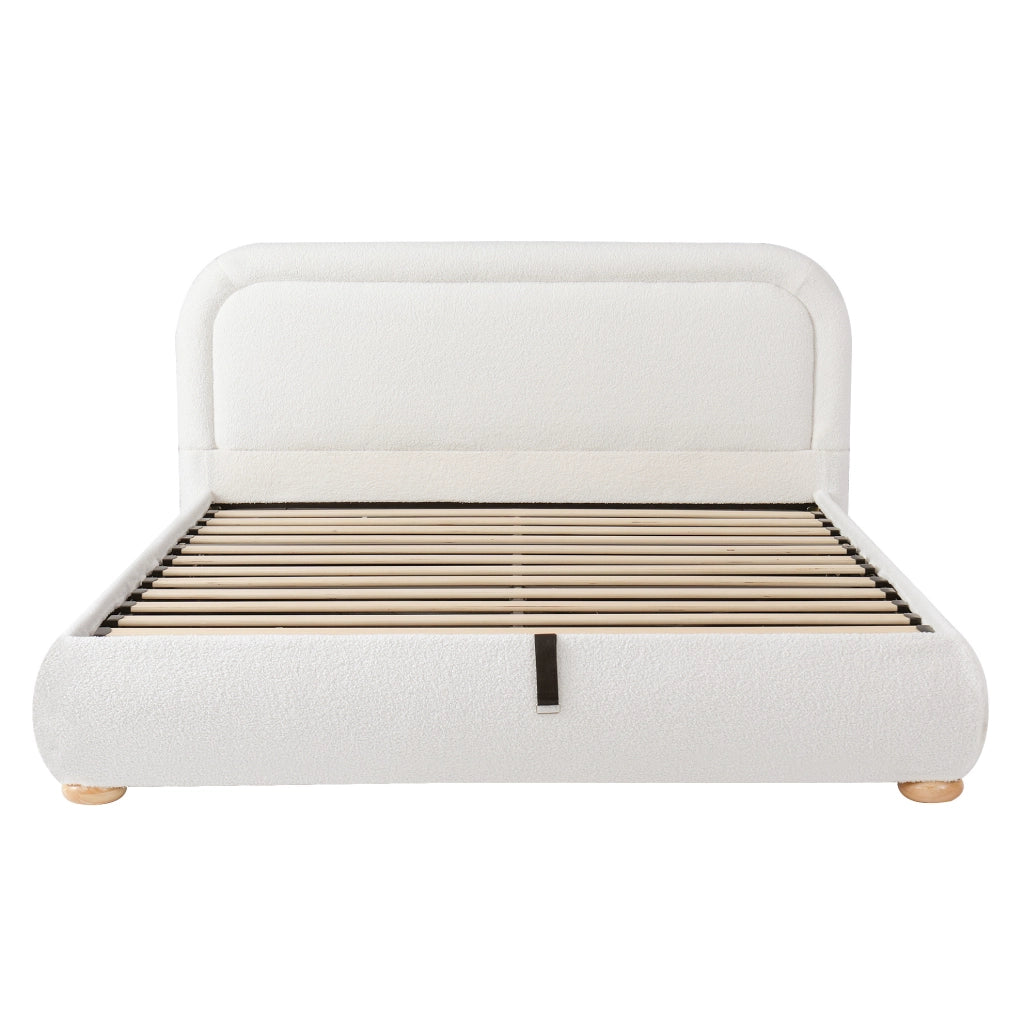 Letto 160x200 cm con contenitore idraulico e rete a doghe in boucl¨¦ bianco