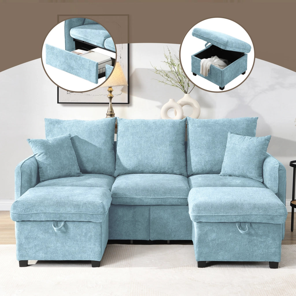 Divano angolare a U convertibile con funzione letto e contenitore, in chenille blu con pouf portaoggetti 3 pezzi