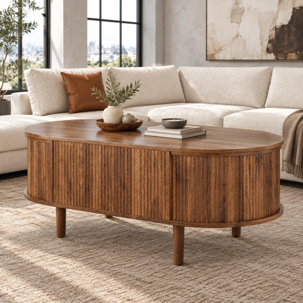 Tavolino da caffè ovale regolabile 100x48x53;5 cm con contenitore in MDF; noce