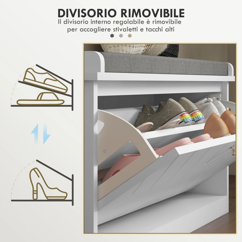 Panca Scarpiera con Cassetto Ribaltabile ¨C zephmum ¨C Bianco 80x26x44.5 cm