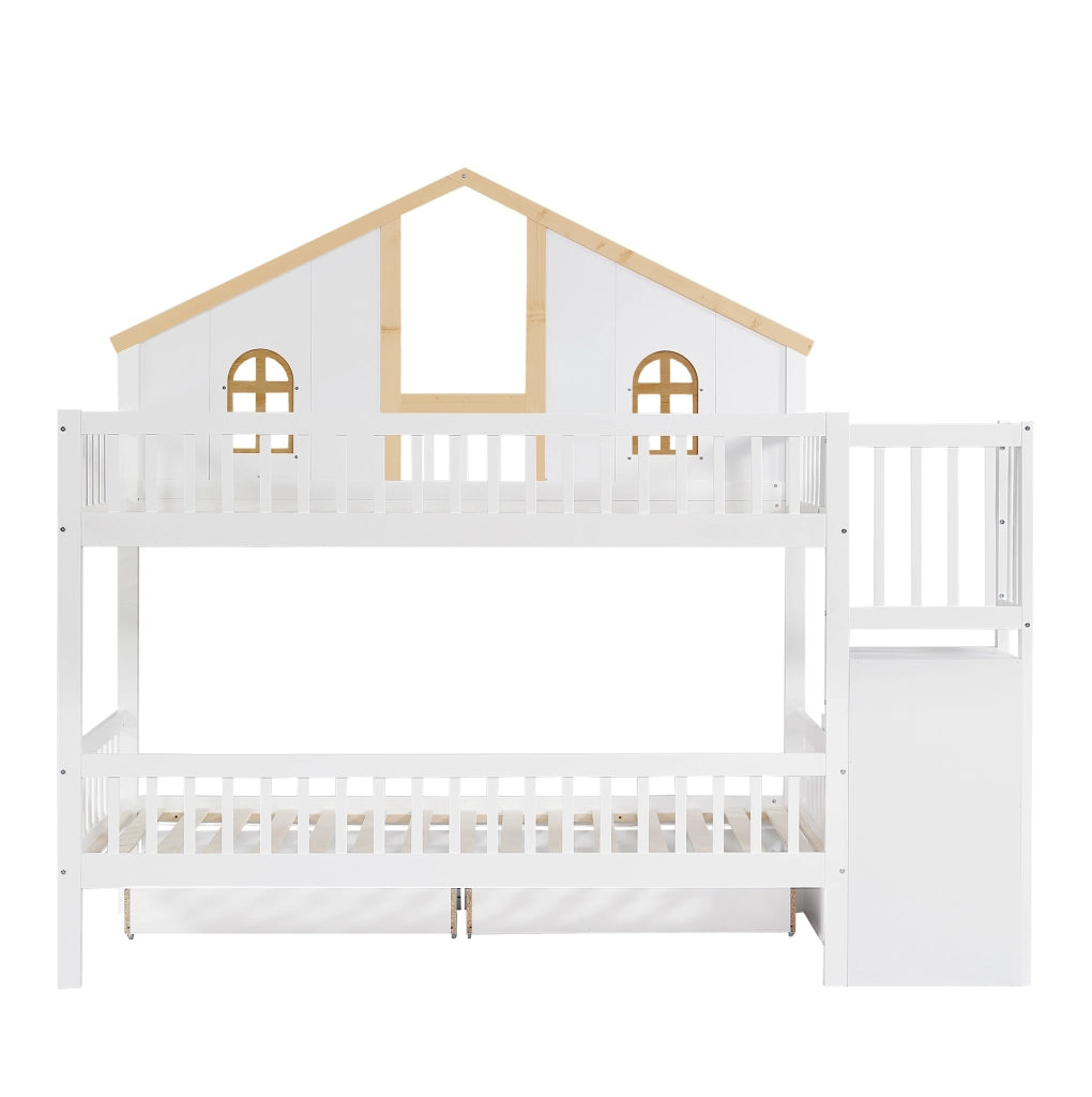 Letto a castello per bambini 90x200 cm con scala contenitore e 2 cassetti
