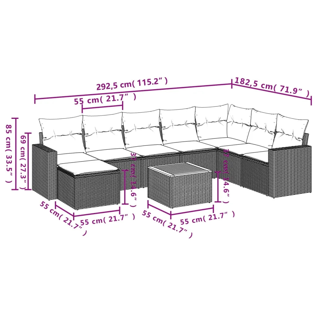 Set Divano da Giardino 9 pz con Cuscini Grigio in Polyrattan 3224261