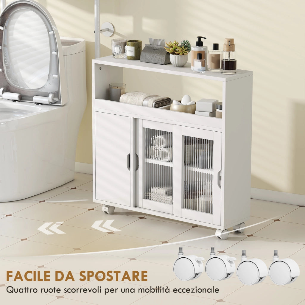 Mobile Bagno con Ante Vetro e Ruote ¨C Zephmum ¨C Bianco Legno 71x20x70 cm