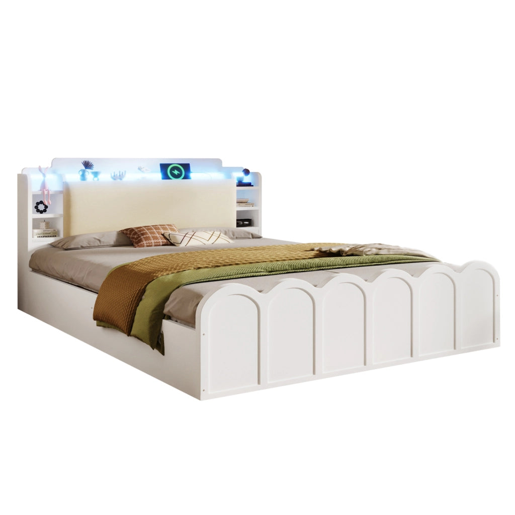 Letto a una piazza e mezza 140x200 cm con contenitore idraulico; LED e porte USB; bianco