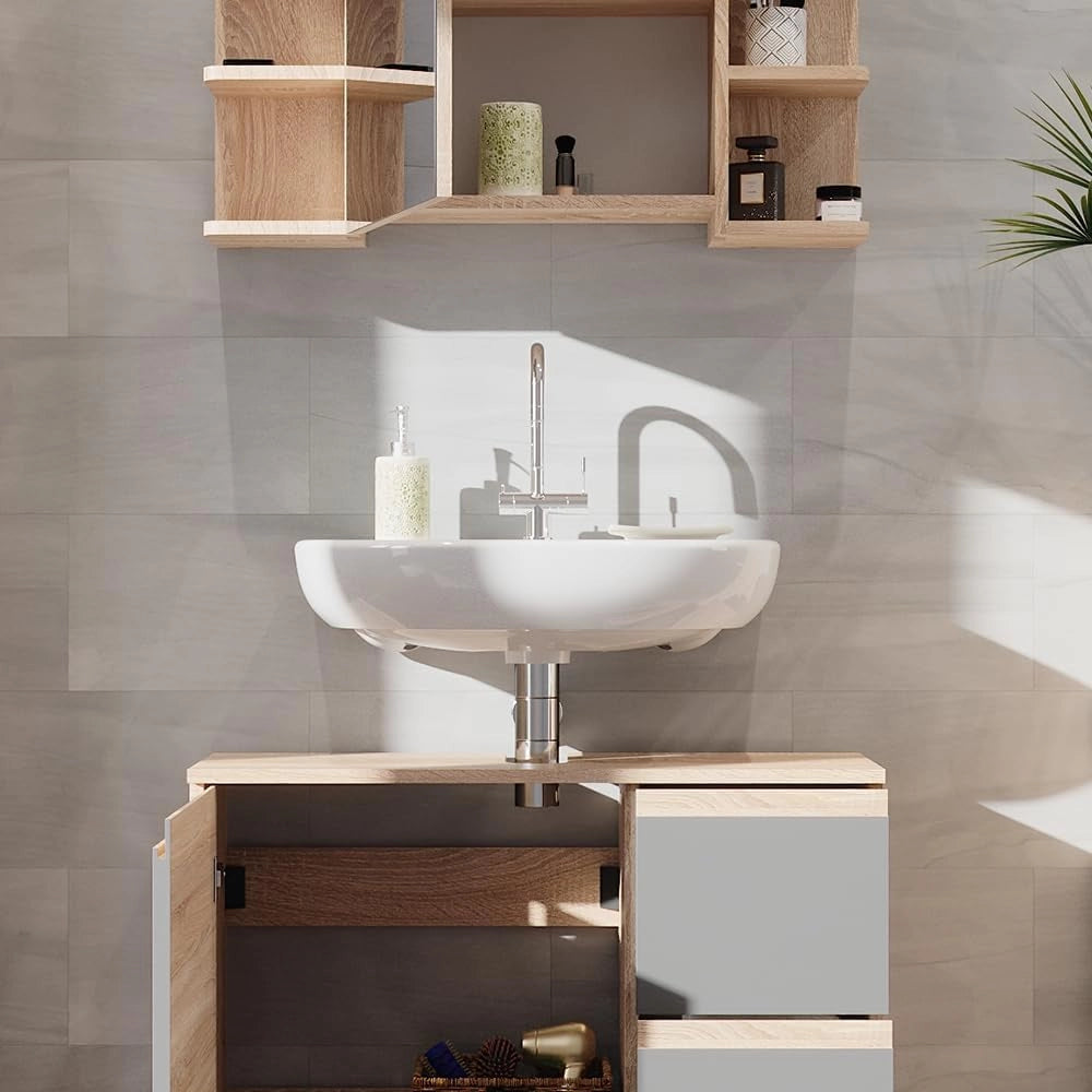 Set mobili bagno J-Shape, Sonoma, 80 cm, composto da specchio da bagno e mobile sottolavabo