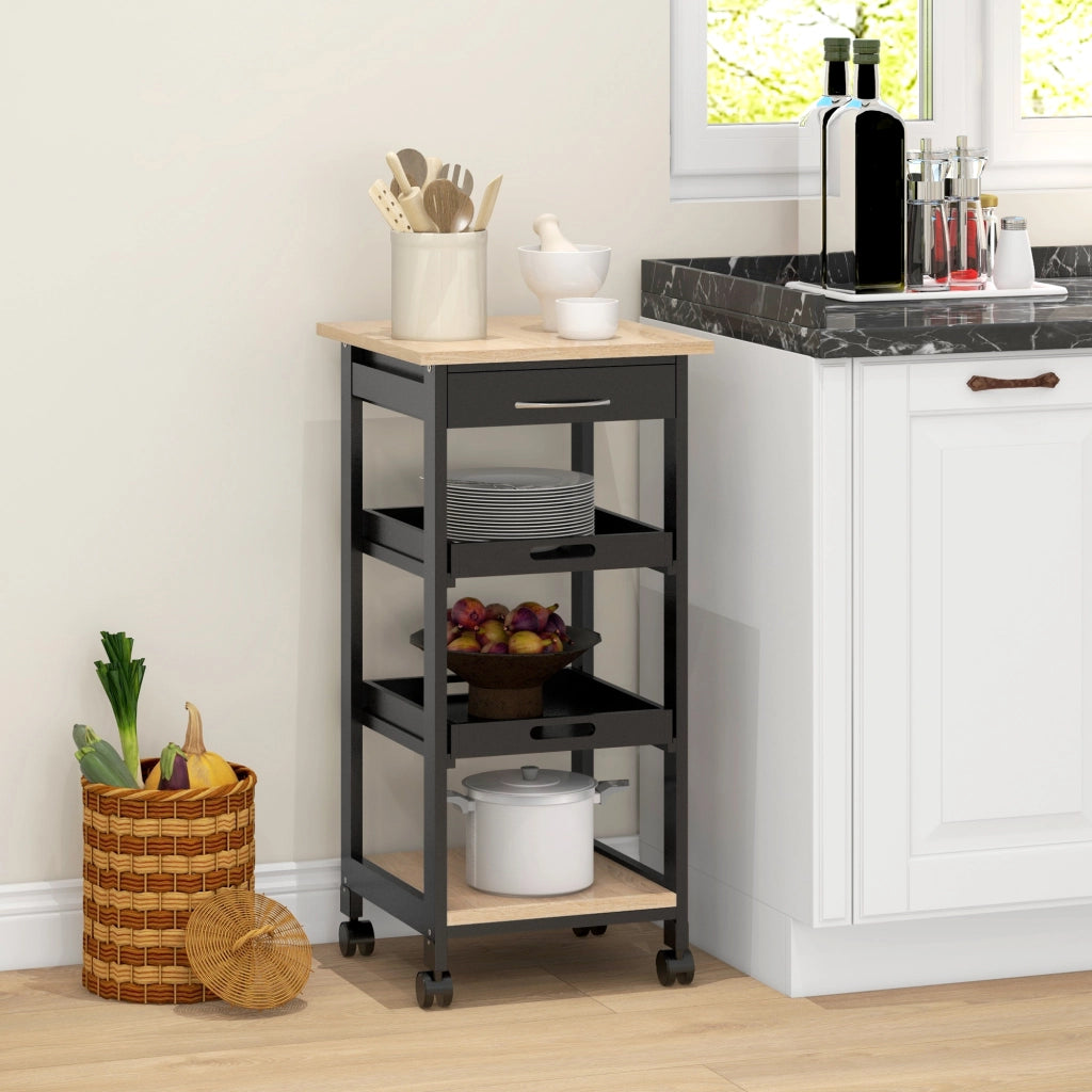 Tavolo da cucina con carrello, 2 ripiani, cassetto e scaffale ¨C zephmum ¨C legno quercia chiaro e nero