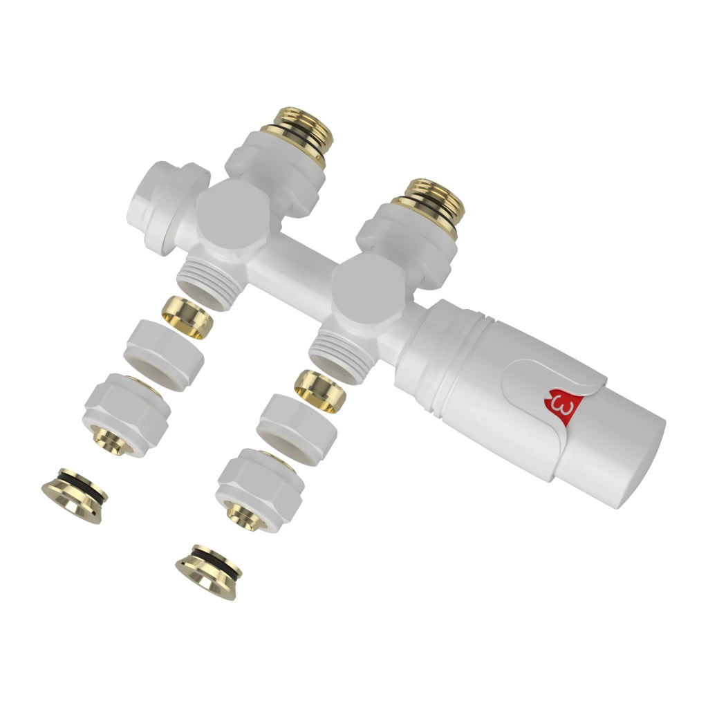 Valvola termostatica kit multiblocco per radiatore ottone bianco 03_0011133