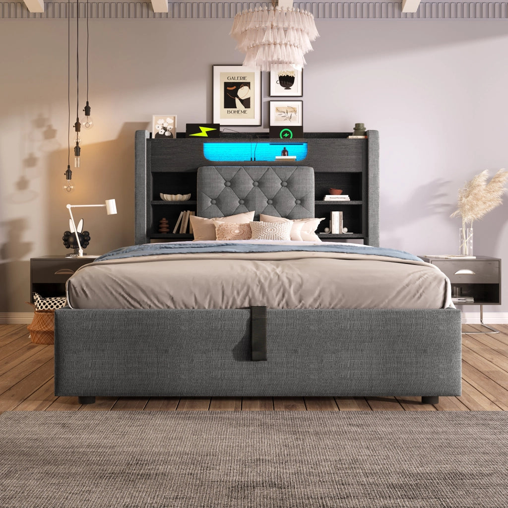 Letto contenitore 90x200 cm in lino grigio con LED, USB/Type-C e testiera con spazio contenitivo