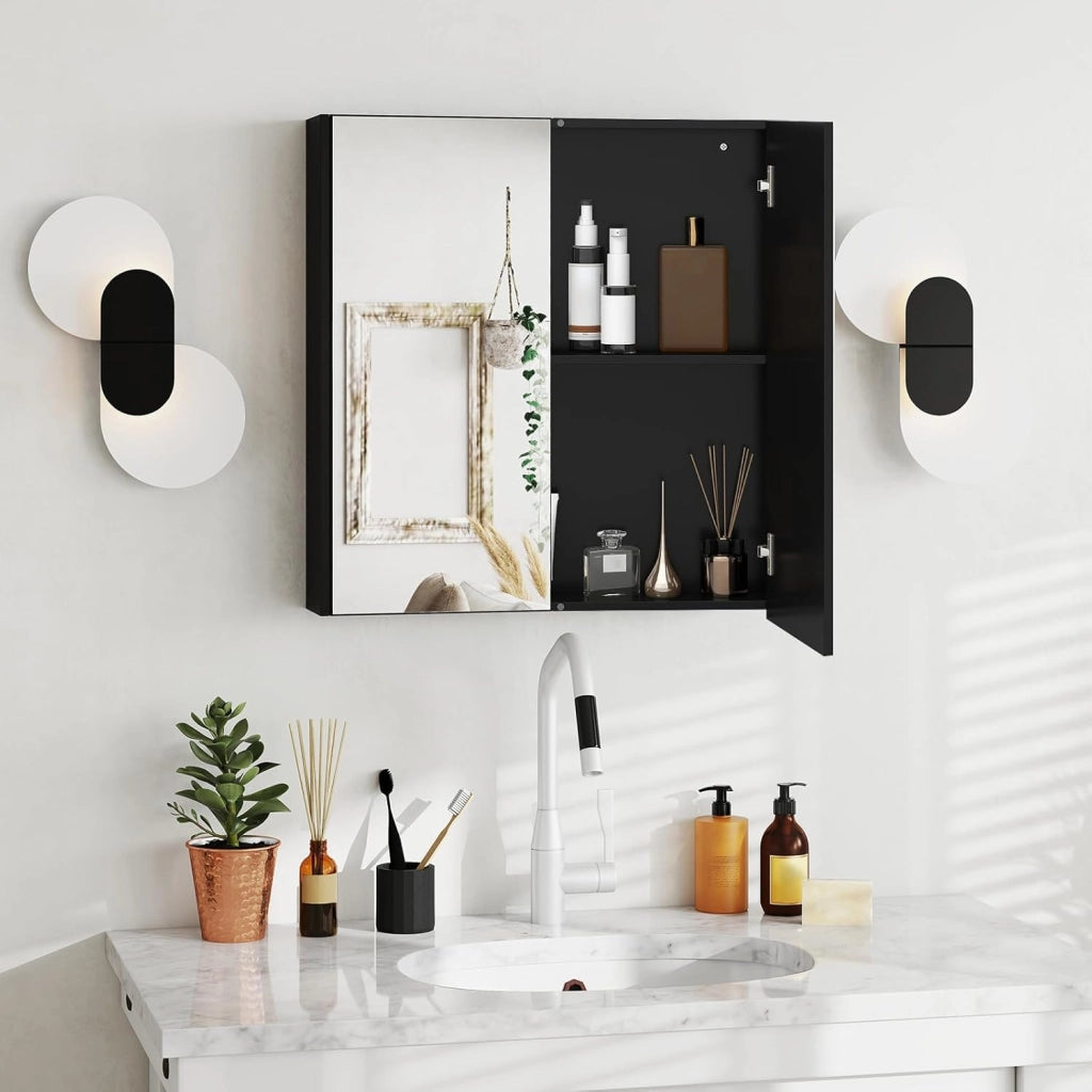 Armadietto da Bagno con Specchio a 2 Ante, Mobiletto da Parete Pensile con Mensola Regolabile, Mobile Bagno Sospeso con Specchiera 65 x 62 x 11 cm (Nero)