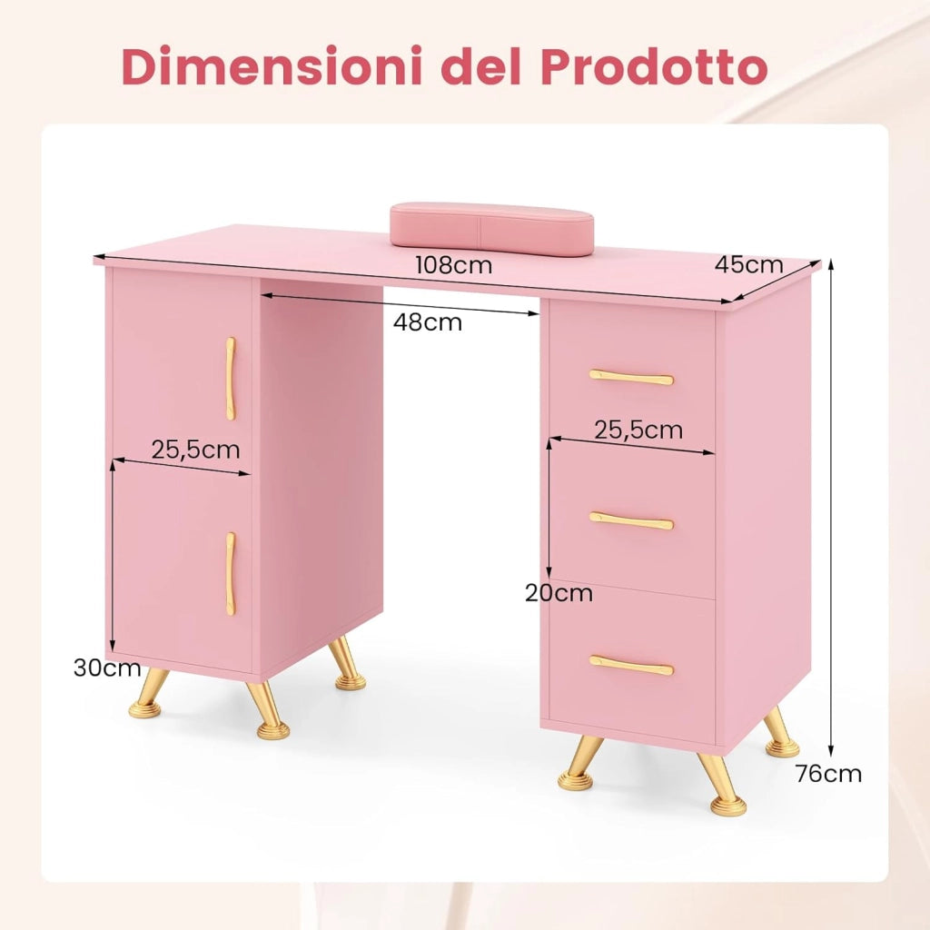 COSTWAY Tavolo per Manicure, Tavolo per Unghie con Cassetti, Cuscino Poggia Polsi e Gambe in Metallo, Stazione per Unghie Estetista Nail Art per Salone di Bellezza (Rosa)