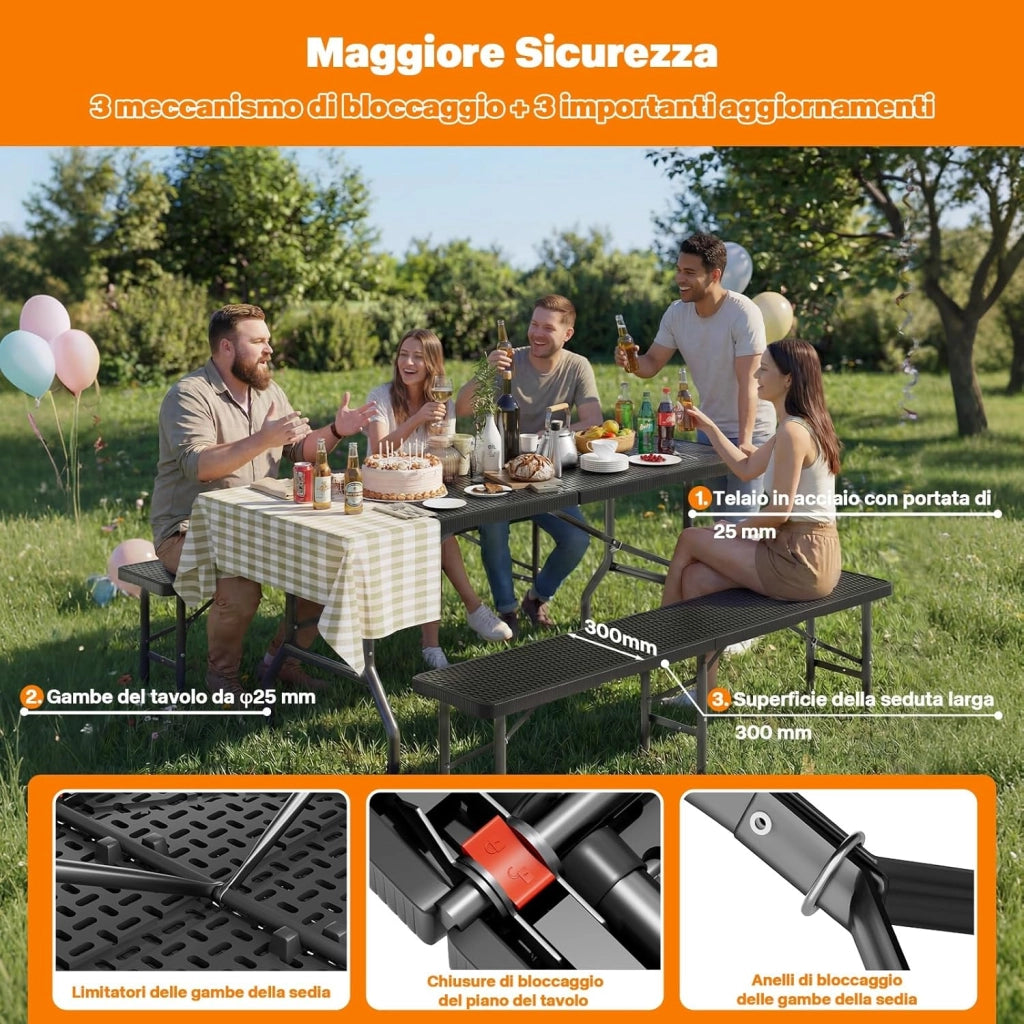 Set 3 Tavoli e Panche Birreria Pieghevoli Rattan, 1 Tavolo 180x74x74cm + 2 Panca da Esterno 180x30x43cm, Robusta Portatile Facile da Pulire Pieghevole Tavolo Birreria con Panche per 6-8 Persone