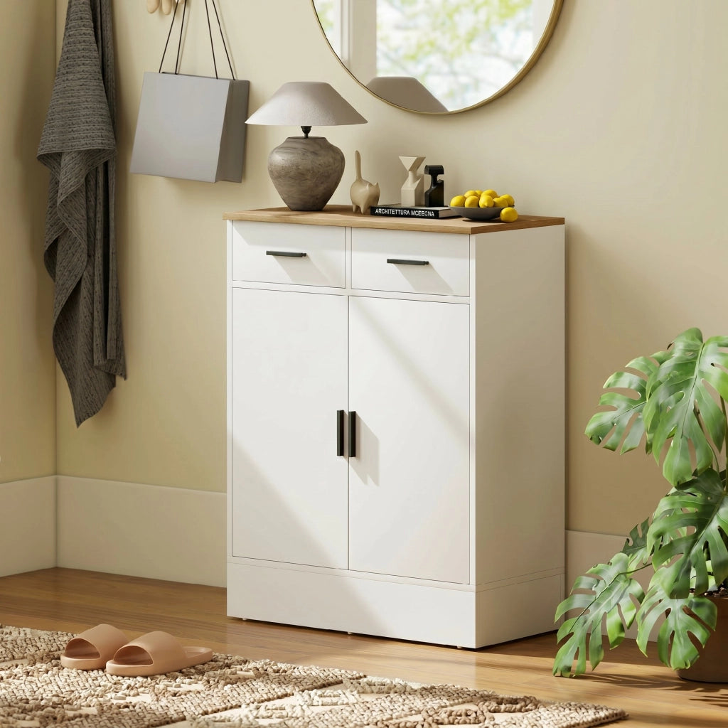 Credenza Moderna 68,6x35x90,3A cm 2 Cassetti e Armadietto 2 Ante Ripiano Interno Regolabile Bianco e Legno