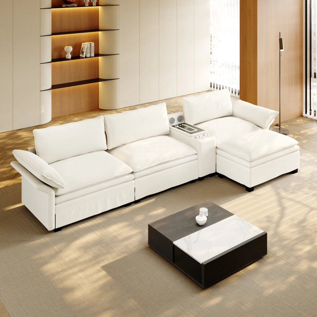 Divano Angolare Modulare con Contenitore, Luce e Speaker ¨C MINIMAL ¨C Chenille Beige/Bianco 315cm