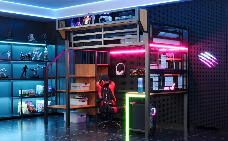 Letto soppalcato in metallo 90 × 200 cm nero scrivania scaffale deposito LED presa e corrimano rialzato