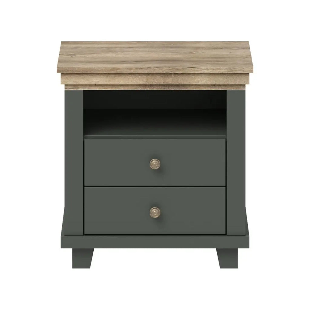 Tavolino da notte ASSIA – 2 cassetti + 1 nicchia – Verde kaki e quercia – Stile contemporaneo