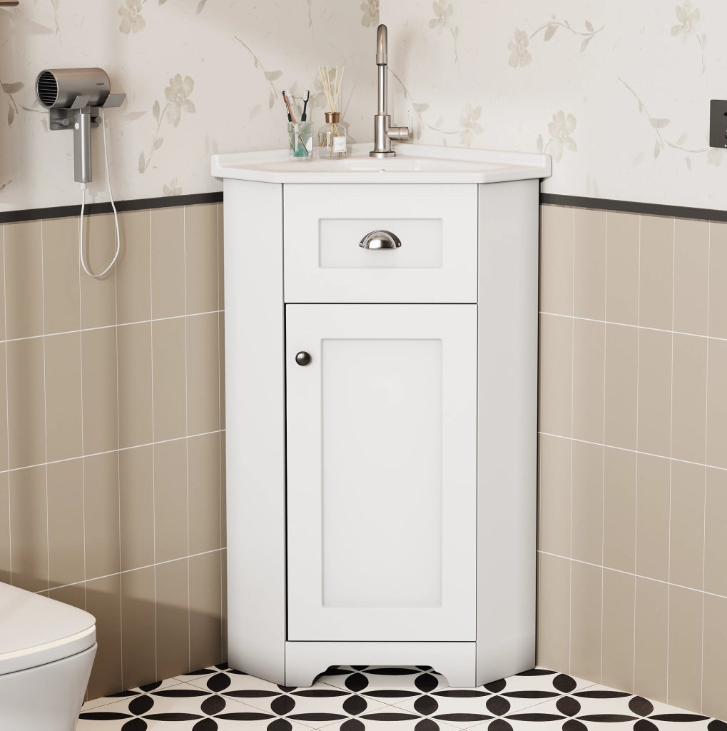 Mobile bagno freestanding con lavabo in ceramica; MDF bianco e maniglie in metallo