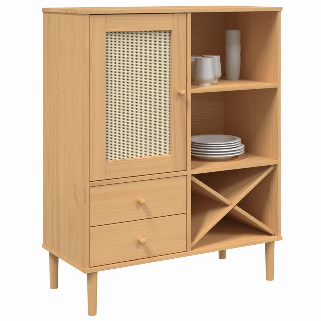 Credenza | Madia | Buffet da pranzo | Armadio da pranzo SENJA Aspetto Rattan Marrone 90x40x112cm Massello Pino