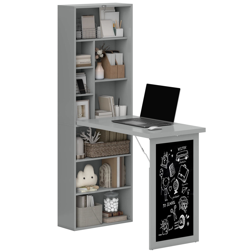 Scrivania PC Pieghevole con Libreria 9 Ripiani ¨C Zephmum ¨C Legno e Metallo Grigio 98x51x153 cm