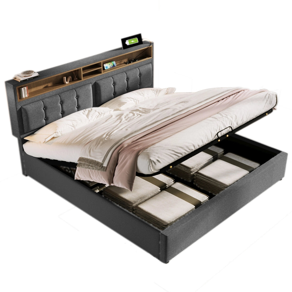 Letto matrimoniale imbottito 160x200 cm con contenitore; testiera regolabile e USB/Type-C; grigio in lino con materasso