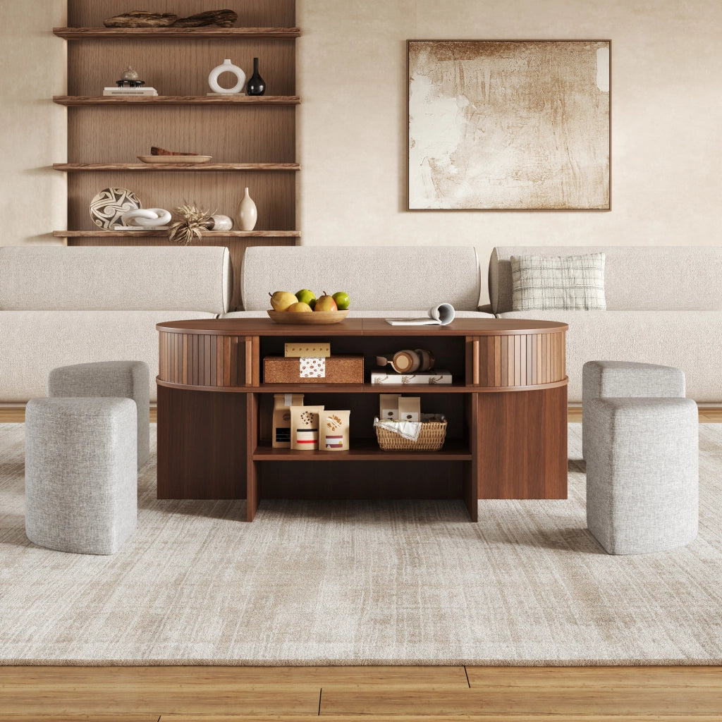 Tavolino da caff猫 ovale con contenitore e sgabelli; noce; 120x60 cm