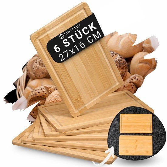 Set di 6 tavoli per colazione in bambù, legno, 27 x 16 x 1 cm - Incluso foro per l'estrazione del succo - 6 tavoli in legno + 1 lato liscio - Tavoli per colazione in legno piccoli - 6 tavoli per mangiare in bambù