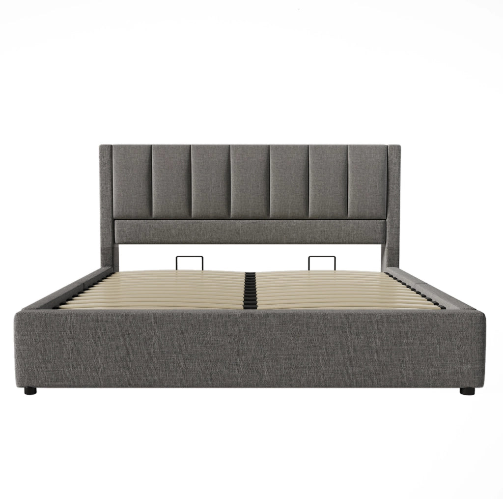 Letto imbottito 160x200 cm grigio con contenitore idraulico, USB e portabicchieri