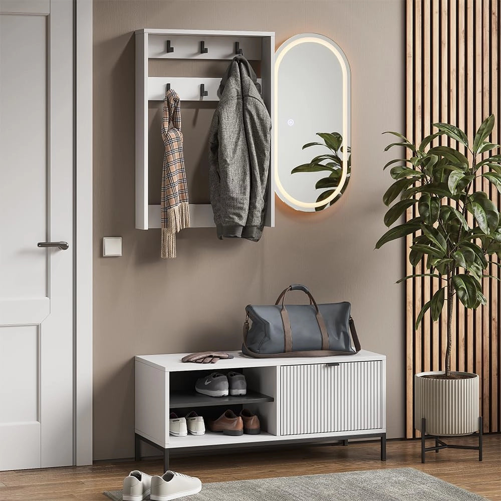 Armadio da ingresso Eliza, Bianco, 100 x 45 cm Set, 3 parti, adatto per montaggio a parete e appendiabiti