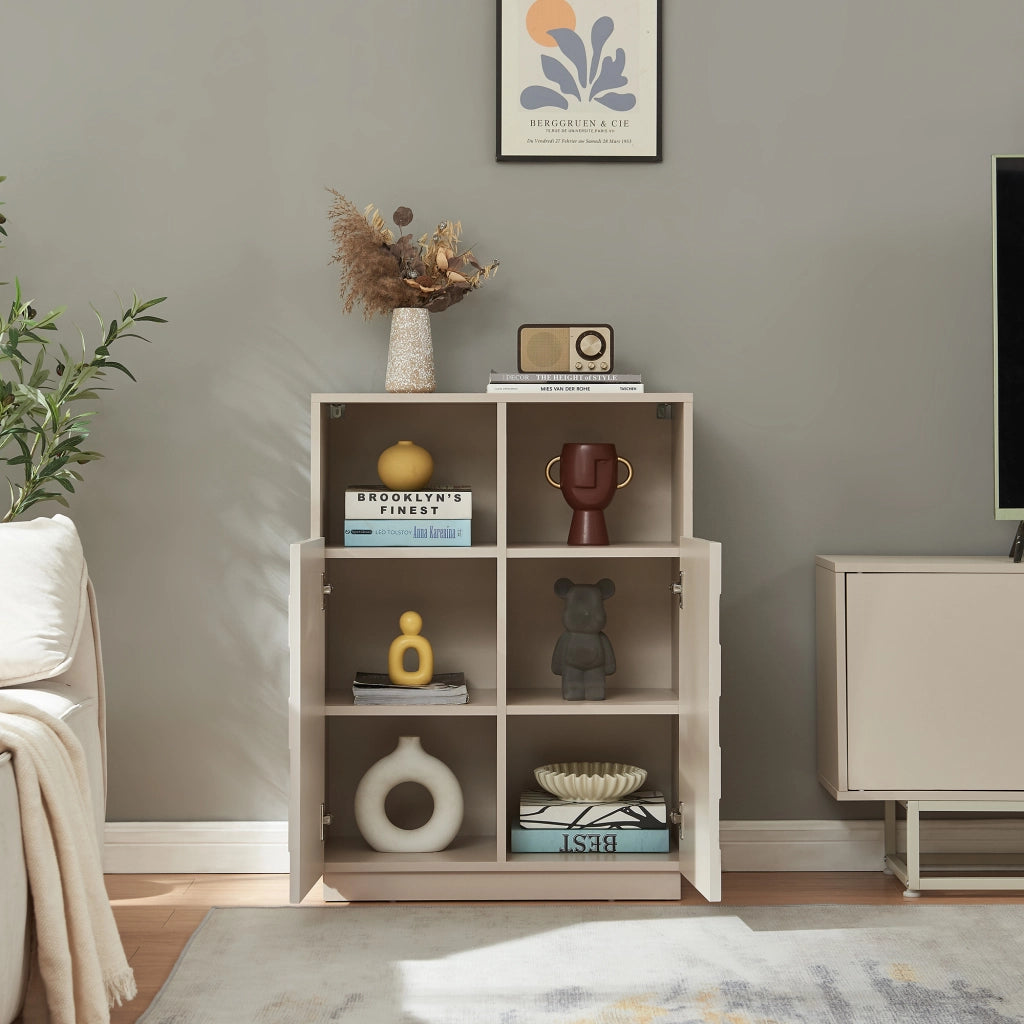 Armadio Comò Alto Bopibobro a 2 Ante Credenza con 2 Ripiani Aperti e 4 Vani Chiusi 86 x 64 x 36 cm - Beige [en.casa]