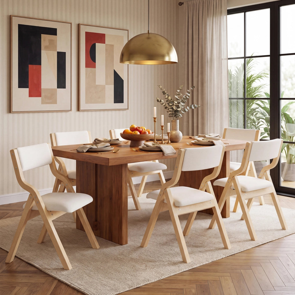 2 sedie da pranzo pieghevoli in legno massello, lino beige, imbottite, salvaspazio, già montate