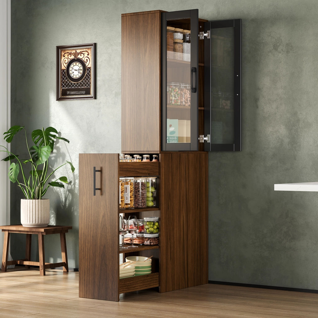 Mobile dispensa stretto 60×30×180 cm con ante in vetro, carrello estraibile e 4 ripiani