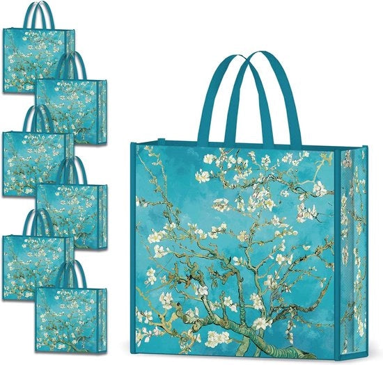 Set di 6 borse da negozio, Borse da negozio riutilizzabili con fiori di mandorlo, Grande, Ripiegabile, Borse da negozio impermeabili