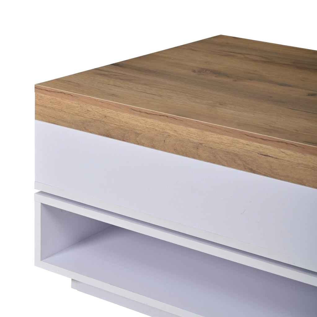 Tavolino da caffè quadrato girevole 360° con LED e vani aperti 65x65x40 cm in MDF bianco e rovere