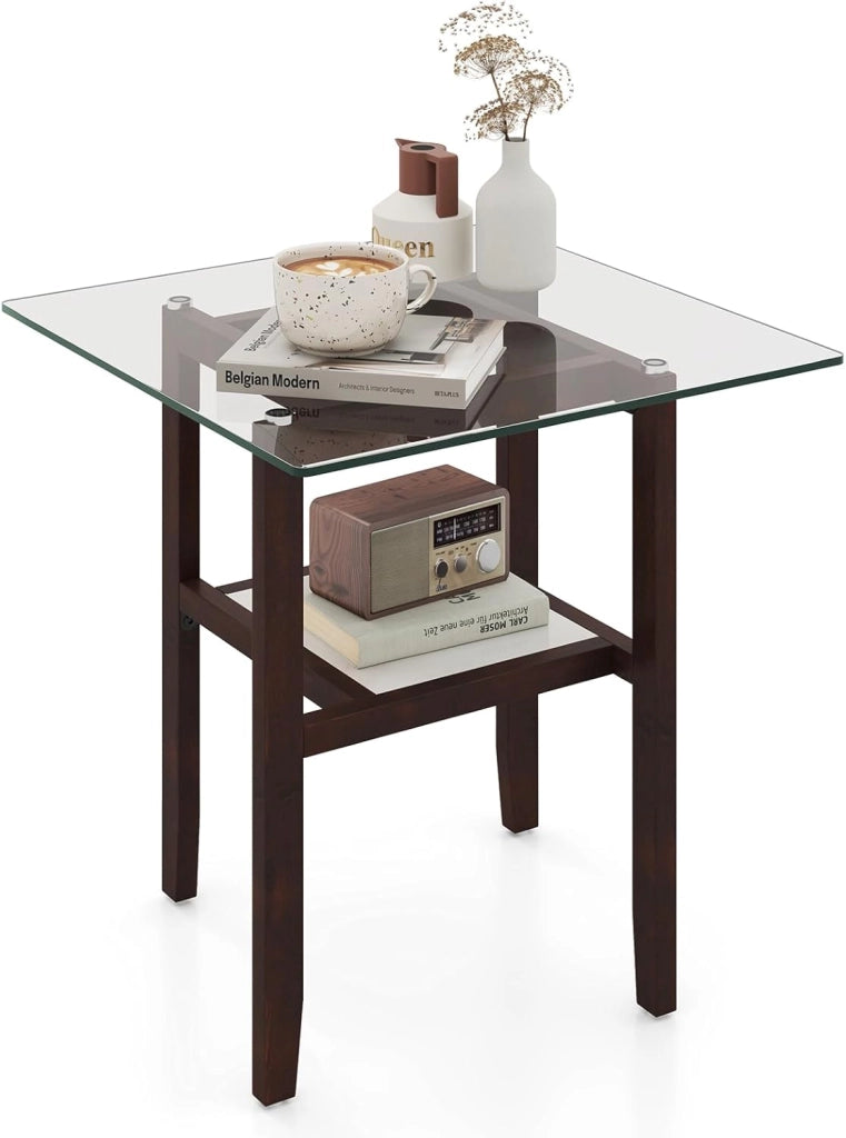Tavolino da caffè in vetro, moderno rettangolare per soggiorno, tavolino da tè a 2 livelli, tavolino lungo con gambe in legno massiccio, tavolo in vetro per soggiorno, ufficio (107 x 60 x 42