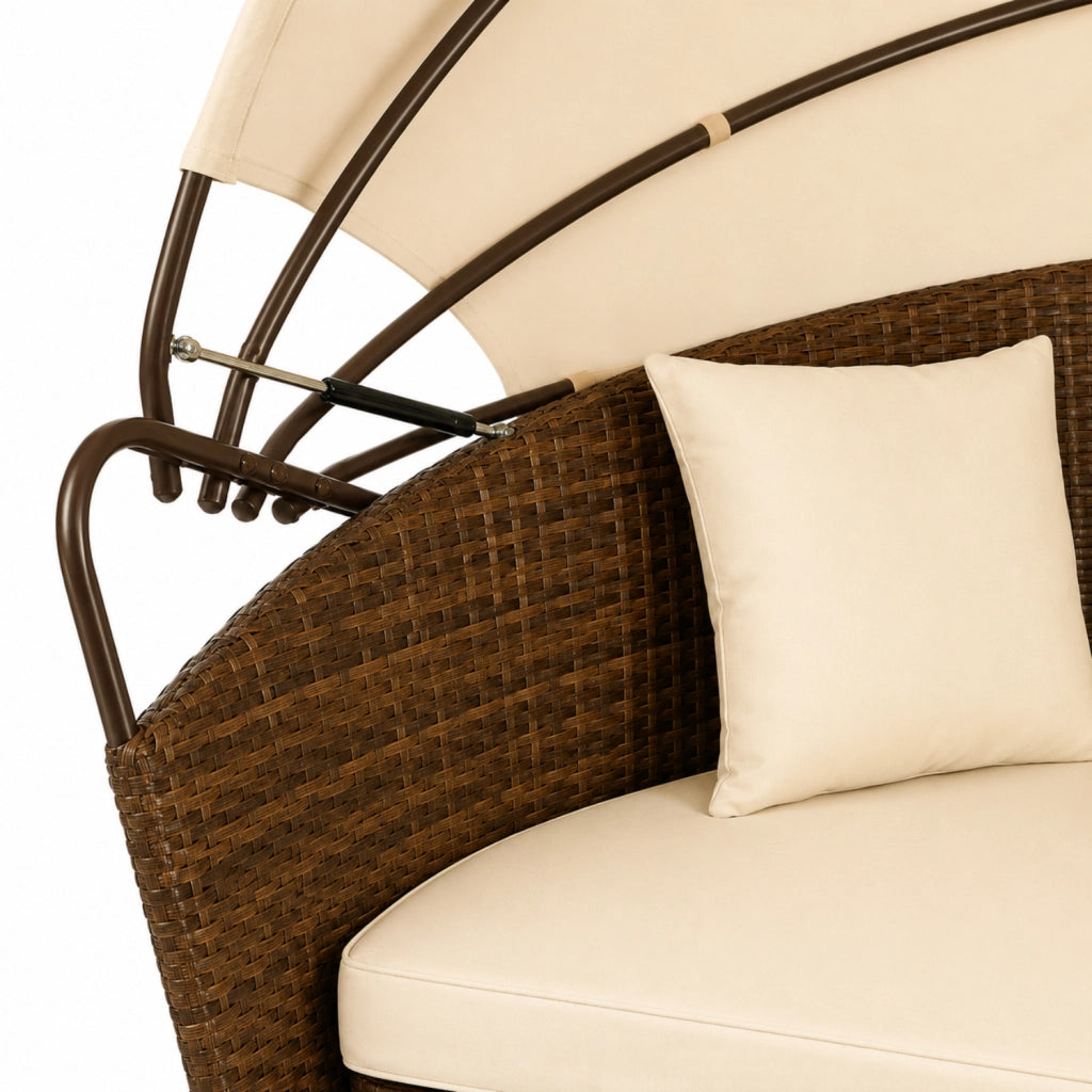 Isola Prendisole Modulare In Polyrattan Con Set Arredo Da Esterno Completo Di Tavolino Integrato E Quattro Cuscini E Tettuccio Parasole Pieghevole Per Giardino Terrazza Beige E Marrone