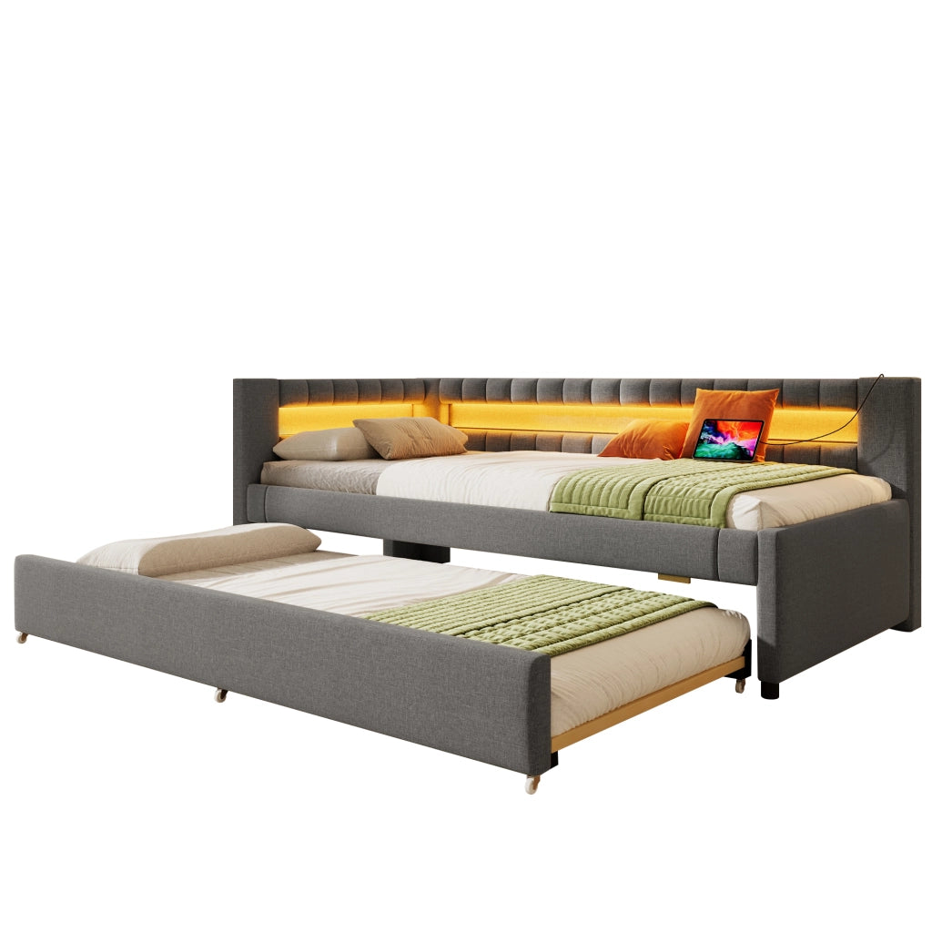 Divano letto pieghevole con LED e USB 90x200 cm colore grigio lino