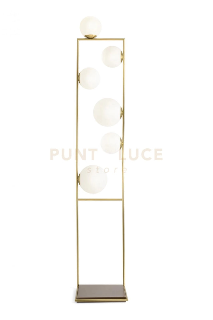 BUBLE LAMPADA DA TERRA 6 SFERE OPALINO STRUTTURA ORO SPAZZOLATO E BRONZO ATTACCO E27