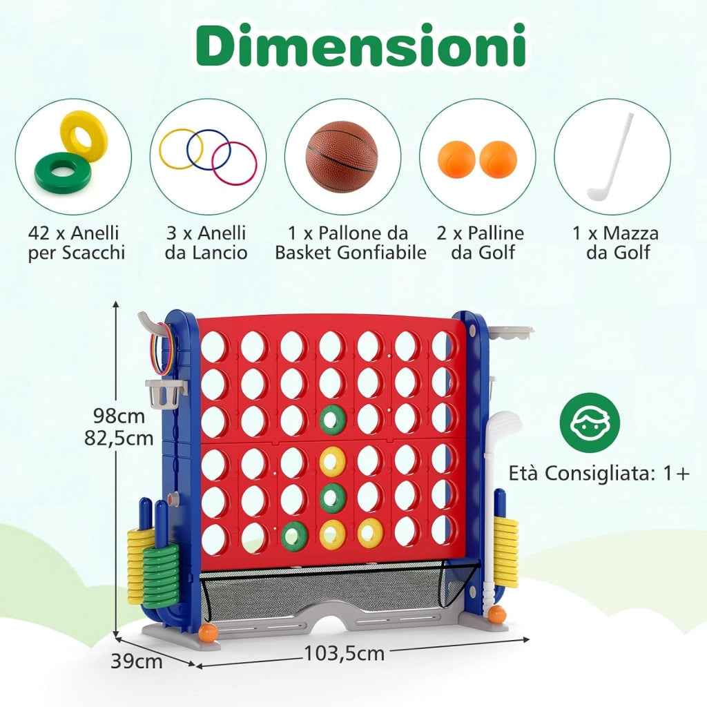 4 in 1 Forza 4 Gigante, Set di Gioco 4 in Fila con Lancio degli Anelli, Canestro da Basket, Palla, Mazza da Golf, Porta Bicchieri, Borsa e Tasca a Rete, Forza 4 Regolabile in Altezza (Rosso)