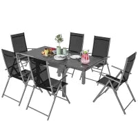 Set da Giardino 7 Pezzi con 6 Sedie Pieghevoli e Tavolo Allungabile, in Acciaio, Alluminio e Rete Grigio e Nero