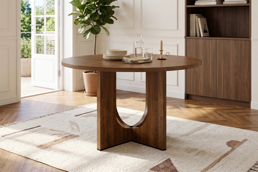 Tavolo da pranzo per 4-6 persone con piano rotondo, stile nordico, in MDF, colore noce, diametro 120 cm