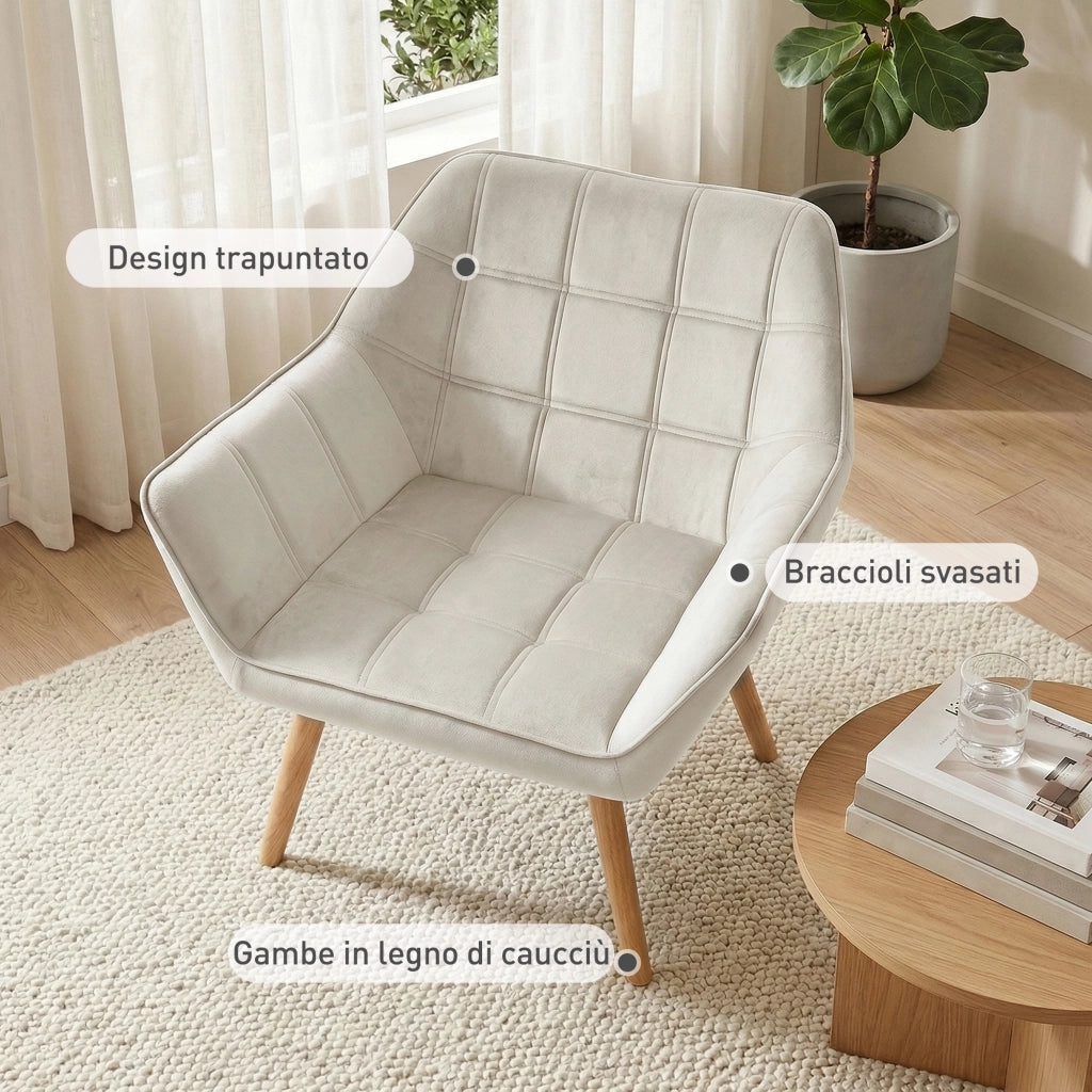 Poltrona Design Scandinava in Legno e Velluto Crema ¨C Zephmum ¨C 67x61.5x71cm