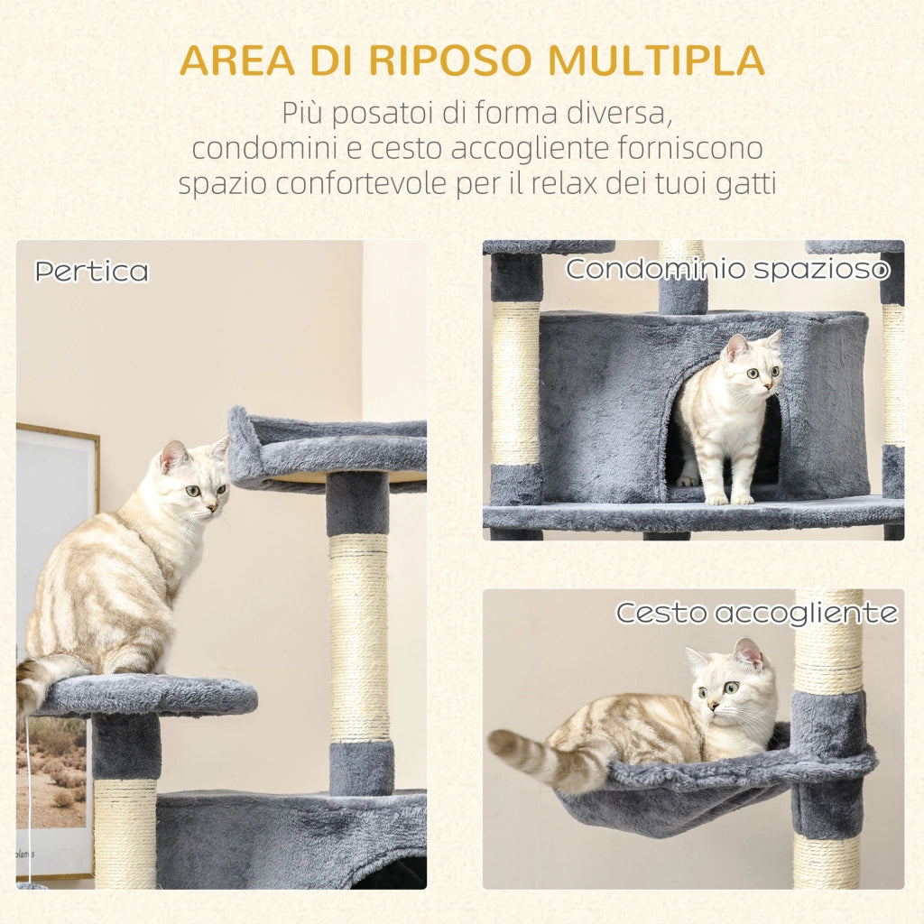 EasyComfort Albero Tiragraffi per Gatti Alto con Casette e Amache, 60x60x200cm, Grigio Chiaro