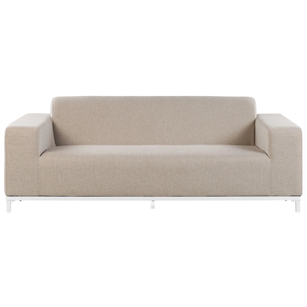 Divano da giardino Rivestimento tessuto beige Gambe alluminio bianco Mobili da esterno per interni Resistente alle intemperie per esterni