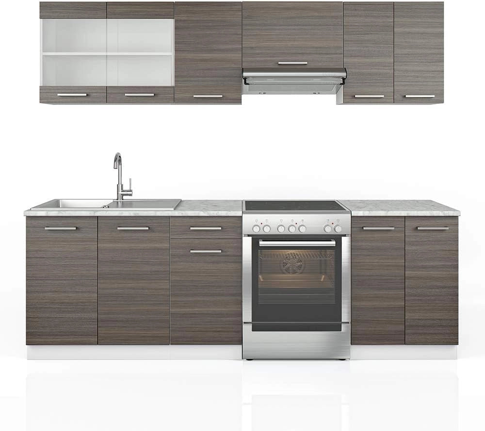 Mobile da cucina Raul, Grigio prezioso/bianco, 240 cm, PL Marmo, combinabile in modo flessibile con elementi modulari