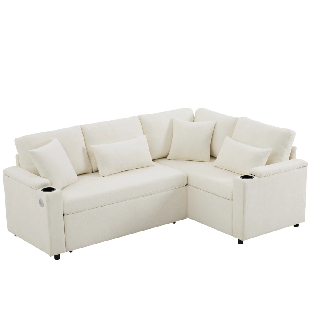 Divano angolare letto estraibile con contenitore, chaise longue destra, in ciniglia beige, 4 posti